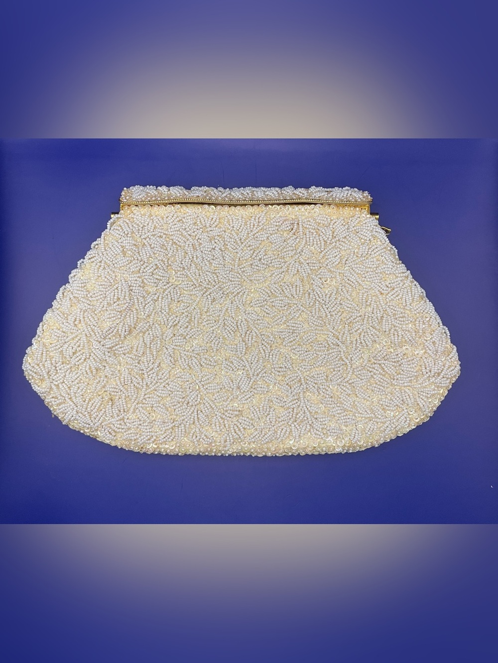 La Regale Ivory Pearl-Beaded Evening Clutch with Gold Frame